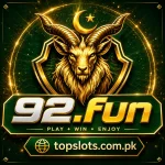 92.fun gold goat logo with green background and topslots.com.pk branding at the bottom.