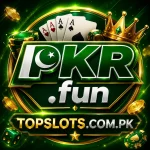 PKRfun casino style logo with green and gold theme poker cards chips crown and topslots.com.pk on a dark background.
