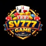 SV777 Game casino logo with slot machine 777 symbols, poker cards, chips, and TopSlots.com.pk branding on a black background.