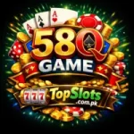 58Q Game casino style logo with gold typography playing cards coins and TopSlots.com.pk branding.