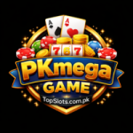 PKmega Game colorful casino-style logo featuring poker cards, chips, and slot elements on a white background.