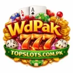 WdPak777 Game casino style logo with poker cards dice gold coins and topslots.com.pk branding in vibrant colors.