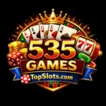535Games casino style logo featuring golden design elements cards dice slot machine and TopSlots.com branding.