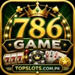 786 Game APK official logo with casino style design featuring crown slot machine playing cards and topslots.com.pk branding.