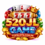 520JL Game casino style logo with slot machine 777 symbols poker chips gold coins crown icon and topslots.com.pk branding.
