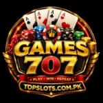 Games707 casino style logo with gold text, poker chips dice playing cards and topslots.com.pk on a black background.