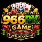 966PK Game casino-style logo with gold and green text poker chips dice crown and topslot.com.pk on a dark background.