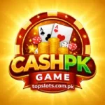 CASHPK Game logo with golden background, poker cards, coins, dice, and topslots.com.pk website branding.