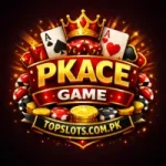PKACE Game casino-style logo featuring golden typography, crown, playing cards, poker chips, and TOPSLOTS.COM.PK branding.