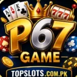 P67 Game casino-style logo with playing cards, crown, poker chips, slot machine symbols, and topslots.com.pk branding.