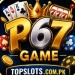 P67 Game casino-style logo with playing cards, crown, poker chips, slot machine symbols, and topslots.com.pk branding.