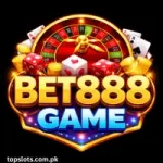BET888 Game logo featuring a golden casino wheel dice poker chips and playing cards on a black background.