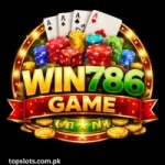 Win786 Game casino style logo with gold and green text poker chips dice and coins on a dark background.