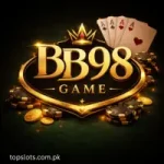 BB98 Game logo featuring golden crown and casino elements like playing cards and poker chips on a dark green background.