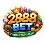 2888Bet casino style logo with crown poker chips dice and topslots.com.pk text on a golden banner.