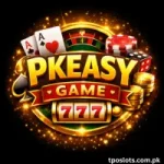 PKEASY Game logo with 3D bold text poker chips cards roulette and slot machine symbols.